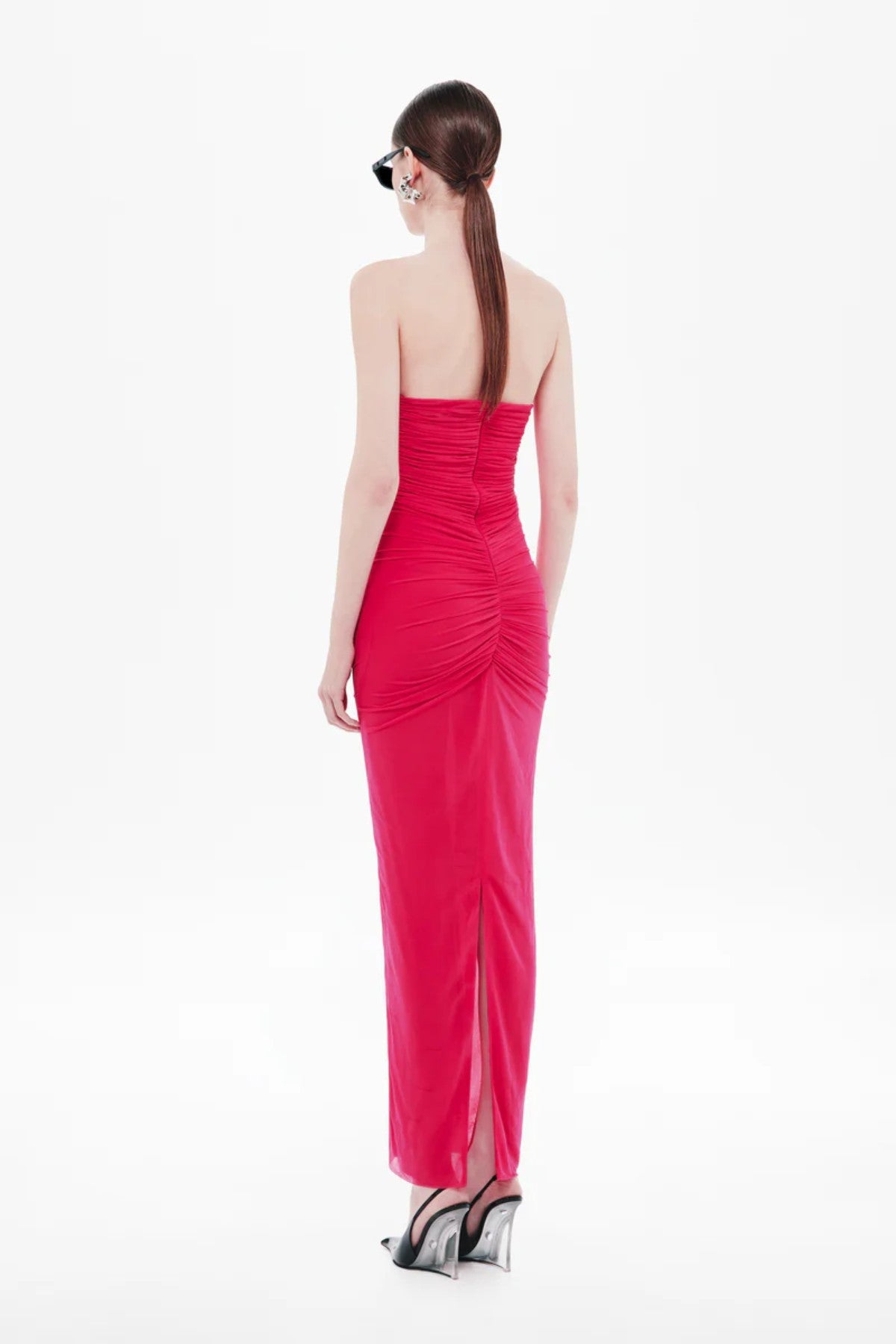 Totem Stocking Jersey in Cerise Midi Dress by Misha – a chocolate stretch midi with a wire-framed bust and soft ruching, perfect for sleek evening styling.