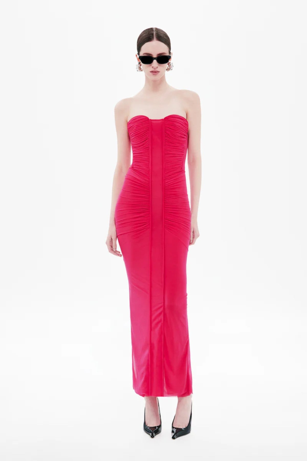 Totem Stocking Jersey in Cerise Midi Dress by Misha – a chocolate stretch midi with a wire-framed bust and soft ruching, perfect for sleek evening styling.