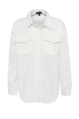 Transpire Shirt White by Mossman – a relaxed cotton shirt with patch pockets and curved hem. Perfect for casual styling.