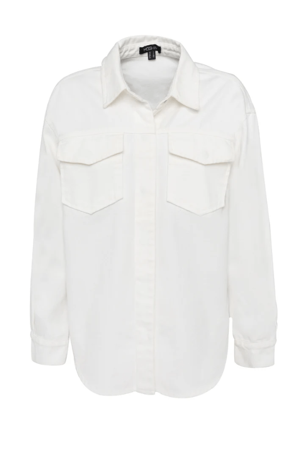 Transpire Shirt White by Mossman – a relaxed cotton shirt with patch pockets and curved hem. Perfect for casual styling.