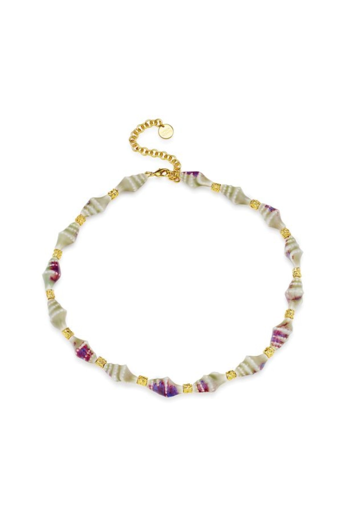 Trevi Necklace by Amber Sceats – handcrafted in Italy with 24K gold-plated brass and ceramic shells, inspired by Mediterranean elegance.
