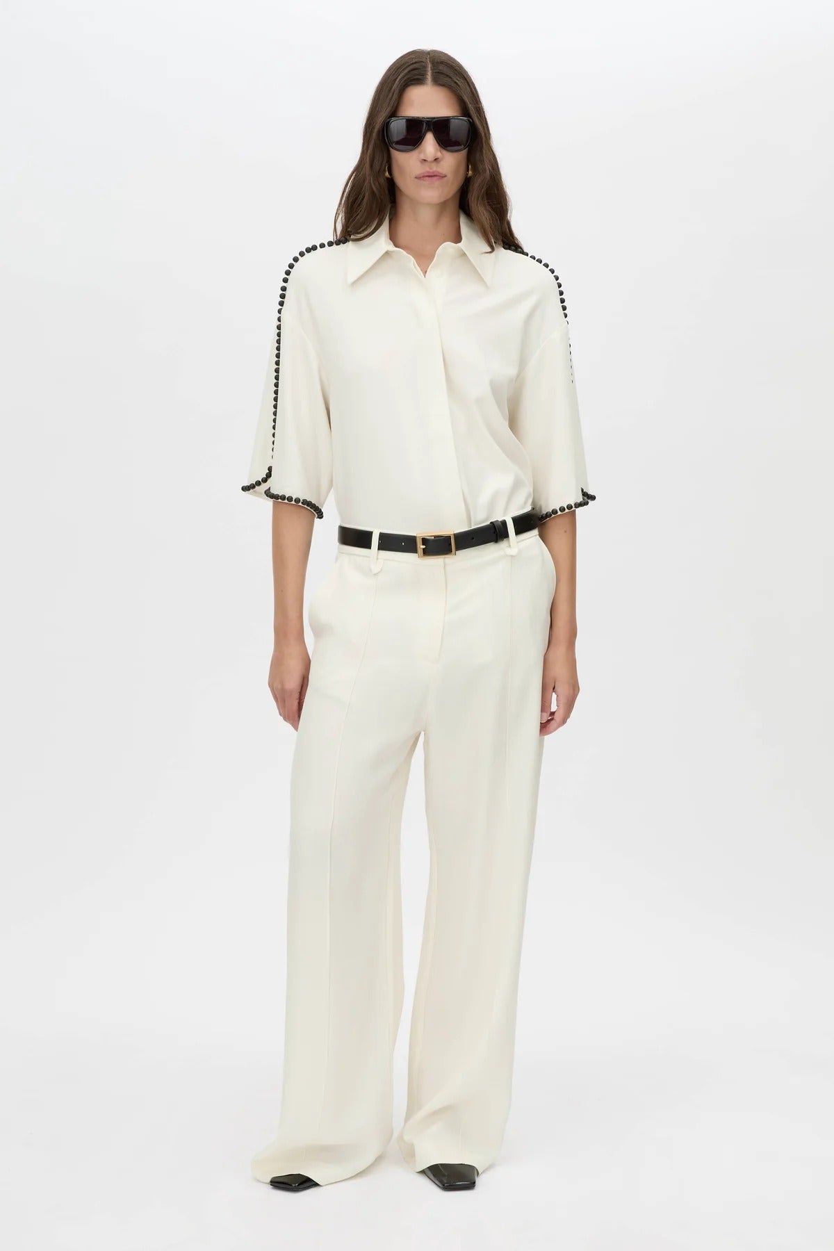 Trevi Shirt by in Cream Camilla and Marc – a cream short-sleeve shirt with hand-sewn bead details and clean tailoring, perfect for polished warm days.