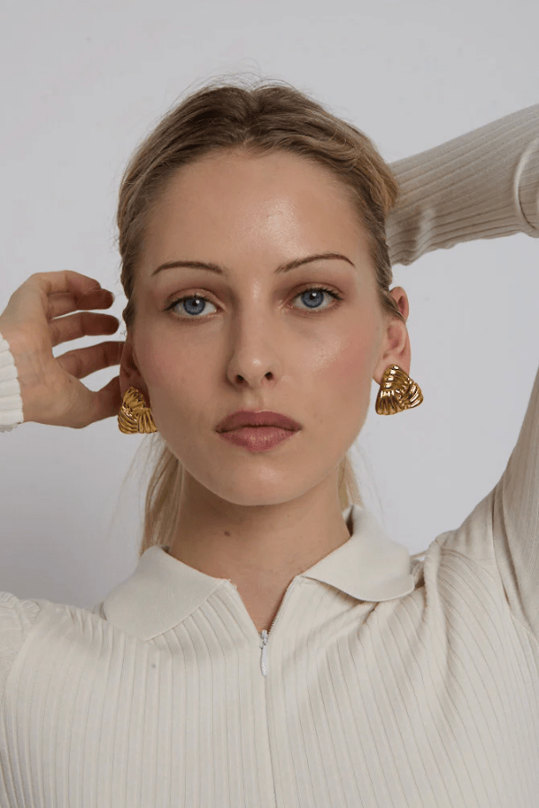 Tri Earrings Gold by Heaven Mayhem – gold plated earrings with vintage shape. Perfect for everyday or elevated styling.