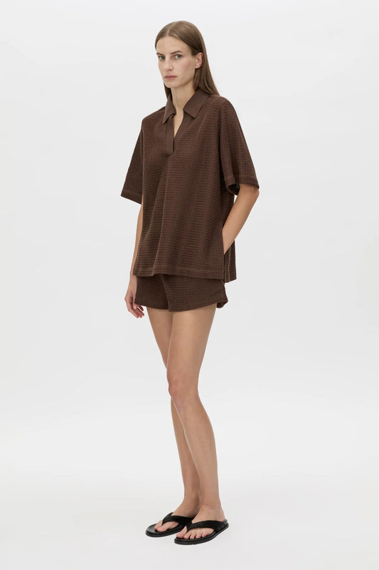 Turrell Collared Tee Chocolate by Camilla and Marc, oversized textured tee with wide sleeves and trophy rib collar.