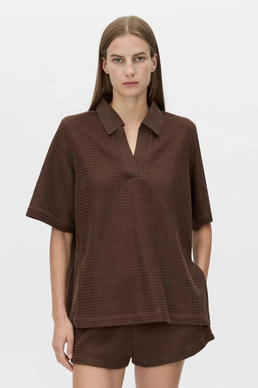 Turrell Collared Tee Chocolate by Camilla and Marc, oversized textured tee with wide sleeves and trophy rib collar.
