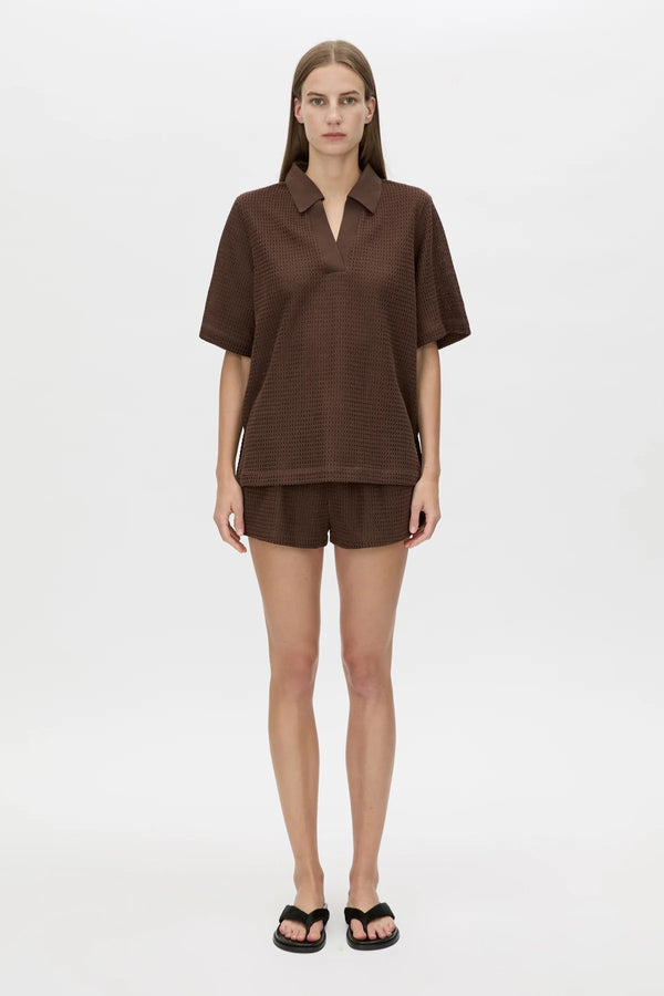 Turrell Short Chocolate by Camilla and Marc, relaxed textured shorts with elastic waist and pockets for effortless everyday styling.