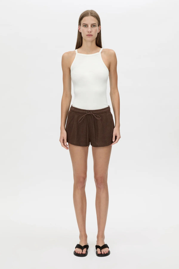 Turrell Short Chocolate by Camilla and Marc, relaxed textured shorts with elastic waist and pockets for effortless everyday styling.