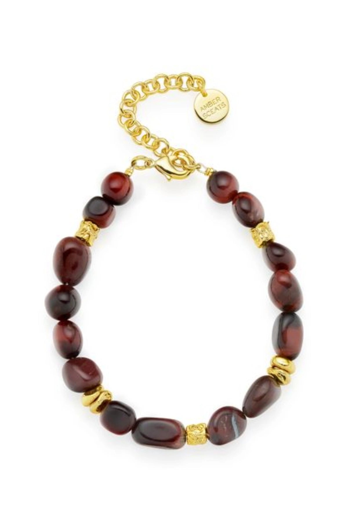 Tuscany Bracelet Gold by Amber Sceats, gold-plated bracelet with Red Tiger’s Eye beads, a trendy piece perfect for chic layering or elegant events.