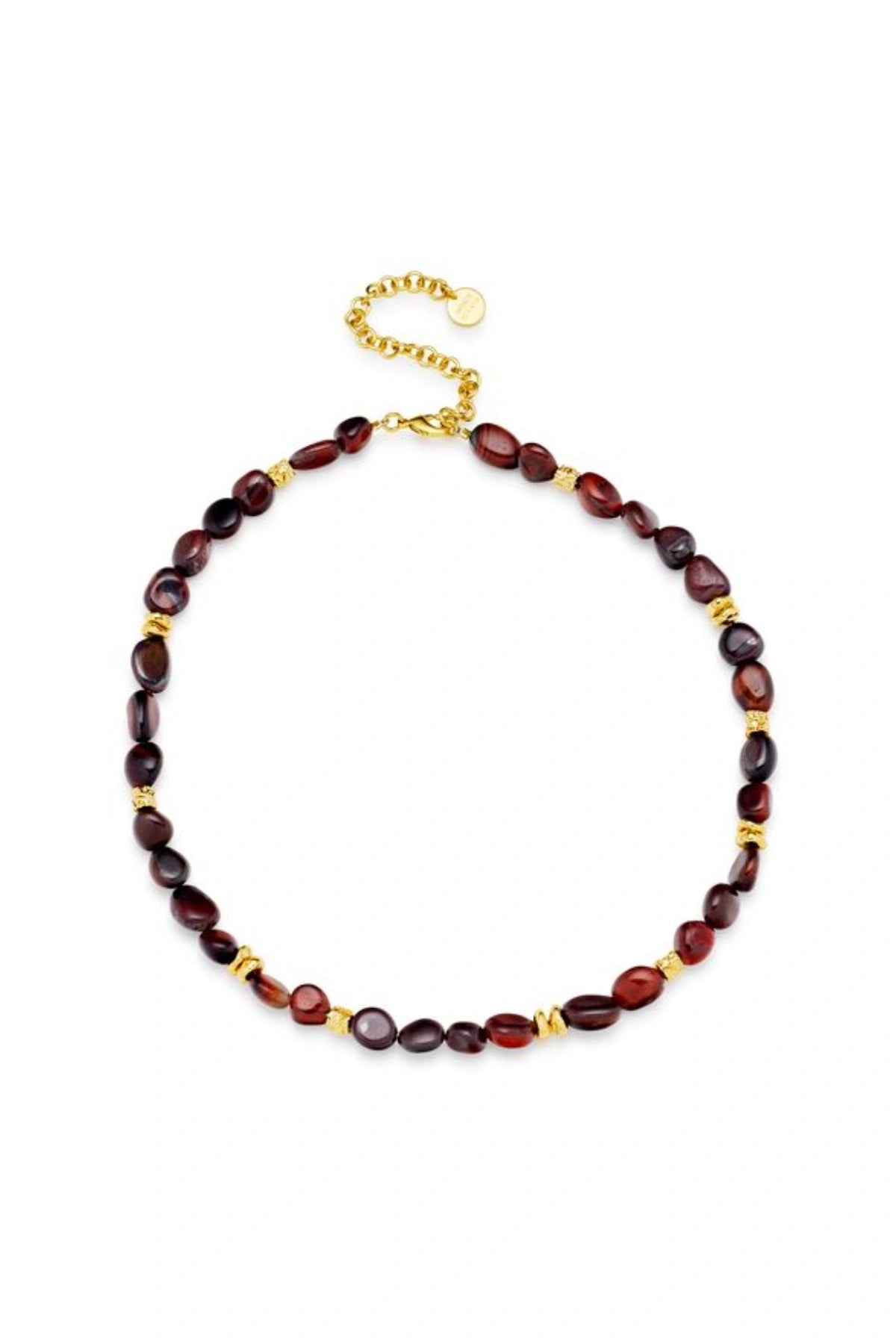 Tuscany Necklace Gold by Amber Sceats, Red Tiger’s Eye and gold-plated beads with earthy texture, a chic trendy piece for day or night wear.
