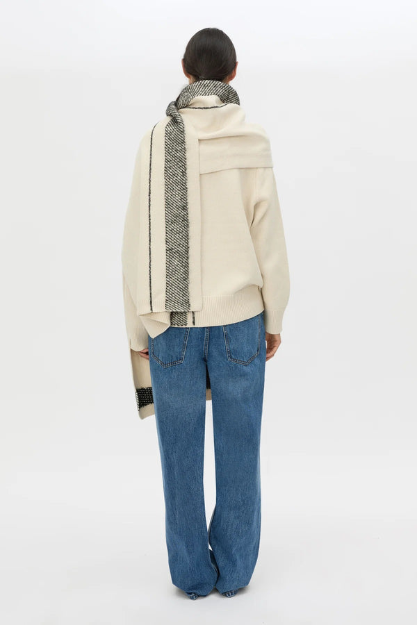Tusk Knit Stripe Scarf Cream Black by camilla and marc – merino wool knit scarf with contrast jacquard stripe design.