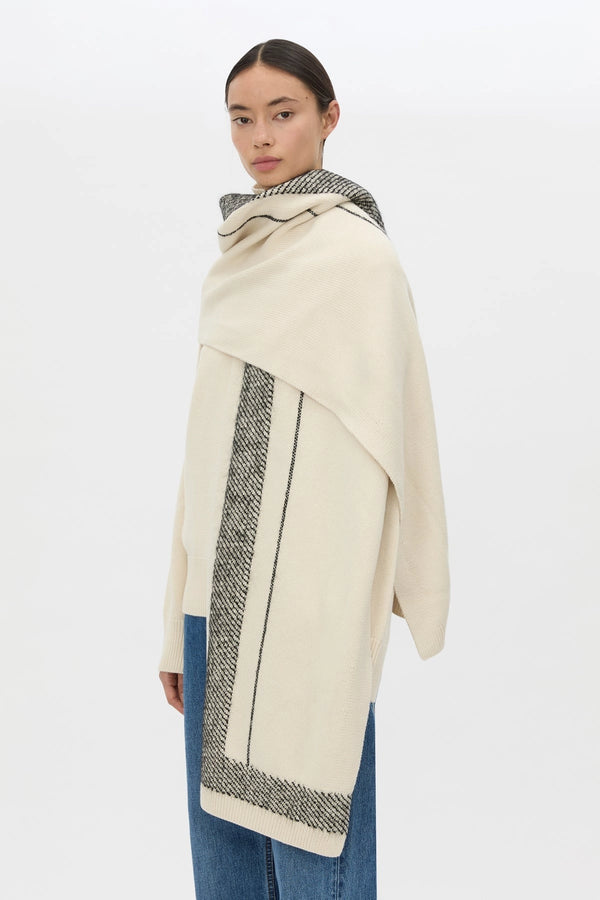 Tusk Knit Stripe Scarf Cream Black by camilla and marc – merino wool knit scarf with contrast jacquard stripe design.
