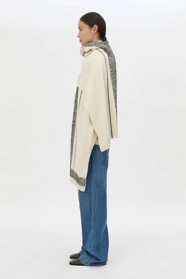 Tusk Knit Stripe Scarf Cream Black by camilla and marc – merino wool knit scarf with contrast jacquard stripe design.