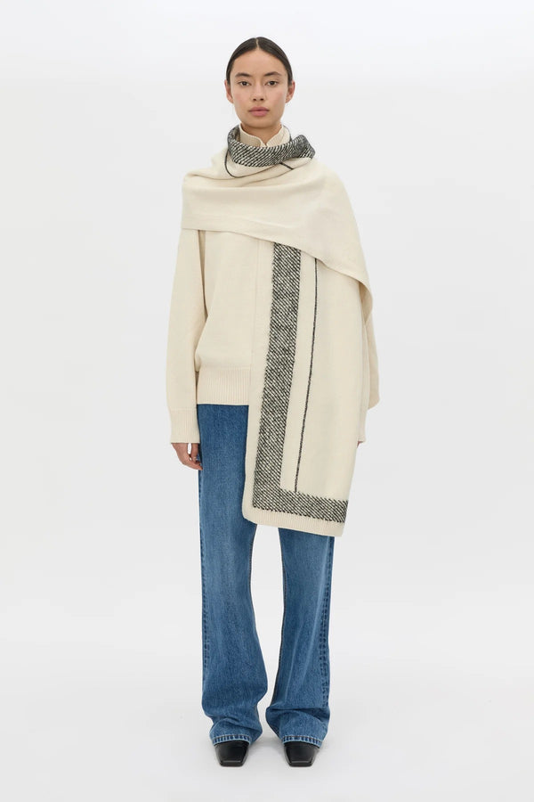 Tusk Knit Stripe Scarf Cream Black by camilla and marc – merino wool knit scarf with contrast jacquard stripe design.
