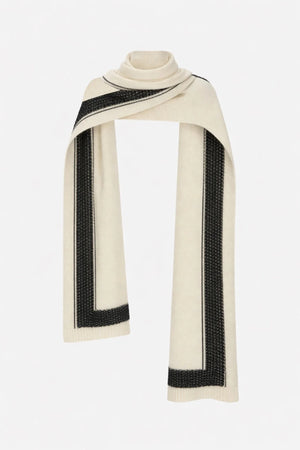 Tusk Knit Stripe Scarf Cream Black by camilla and marc – merino wool knit scarf with contrast jacquard stripe design.
