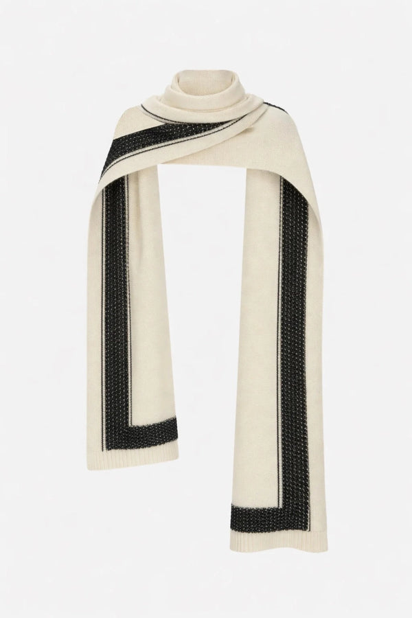 Tusk Knit Stripe Scarf Cream Black by camilla and marc – merino wool knit scarf with contrast jacquard stripe design.