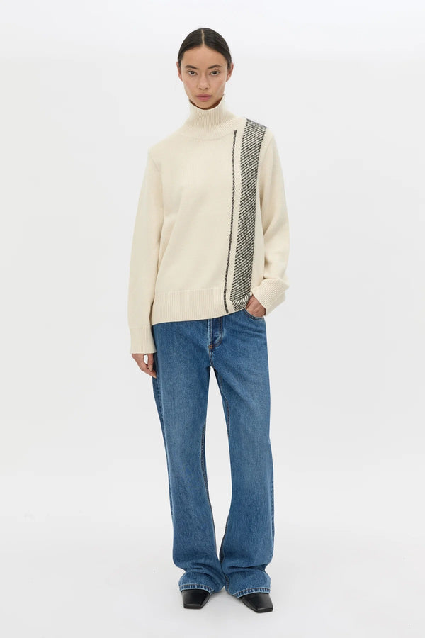 Tusk Stripe Detail Knit Turtleneck Cream Black by camilla and marc – merino wool turtleneck with contrast jacquard stripe graphic.