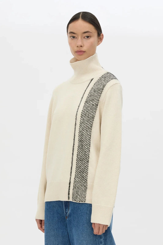 Tusk Stripe Detail Knit Turtleneck Cream Black by camilla and marc – merino wool turtleneck with contrast jacquard stripe graphic.