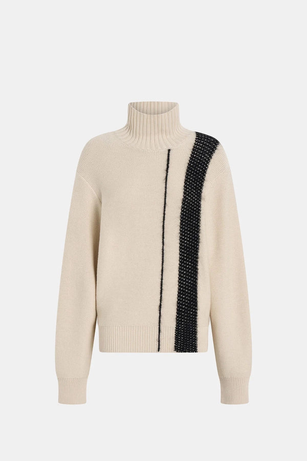 Tusk Stripe Detail Knit Turtleneck Cream Black by camilla and marc – merino wool turtleneck with contrast jacquard stripe graphic.