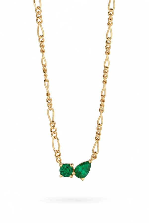 Twin Flame Necklace Emerald by Avant Studio – 18k gold plated sterling silver necklace with emerald cubic zirconia pendant.