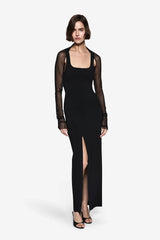 Twin Set Compact Knit Dress Black by Misha – square neck knit midi dress with mesh shrug and front split.