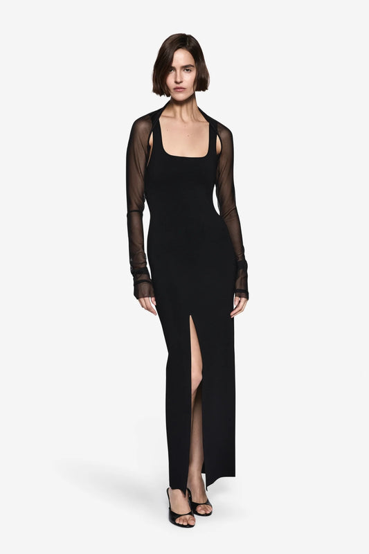 Twin Set Compact Knit Dress Black by Misha – square neck knit midi dress with mesh shrug and front split.