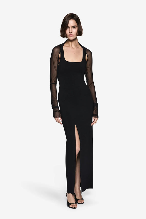 Twin Set Compact Knit Dress Black by Misha – square neck knit midi dress with mesh shrug and front split.