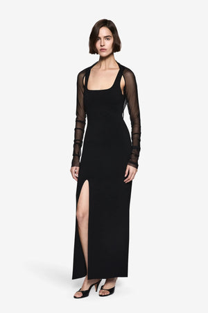 Twin Set Compact Knit Dress Black by Misha – square neck knit midi dress with mesh shrug and front split.