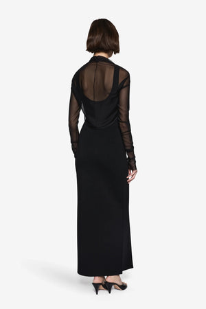 Twin Set Compact Knit Dress Black by Misha – square neck knit midi dress with mesh shrug and front split.