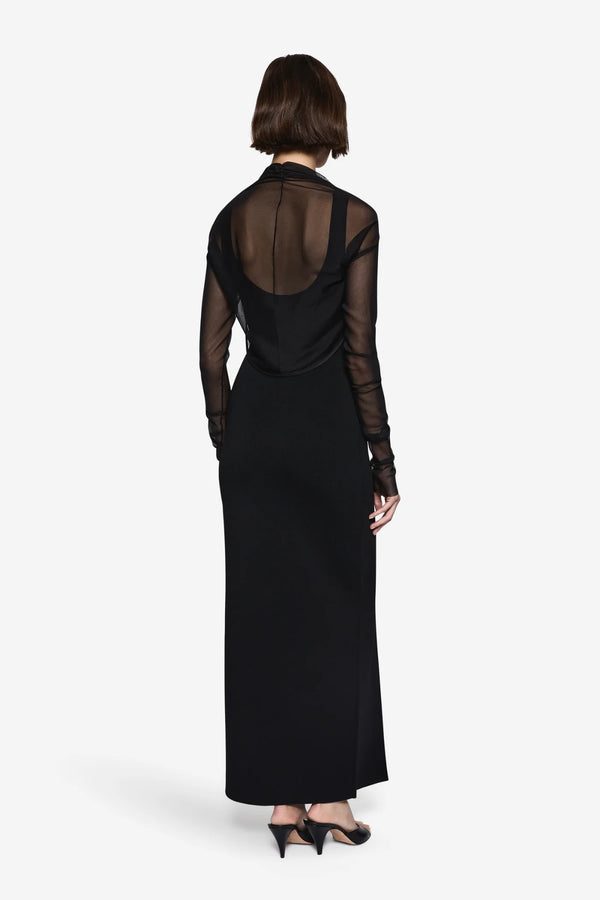 Twin Set Compact Knit Dress Black by Misha – square neck knit midi dress with mesh shrug and front split.