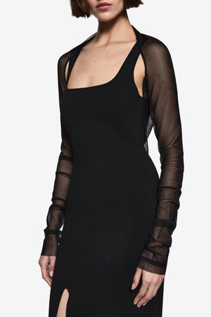 Twin Set Compact Knit Dress Black by Misha – square neck knit midi dress with mesh shrug and front split.