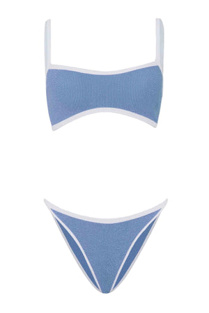 Tyler Bikini Cornflower by Hunza G, crinkle bikini with contrast trim and tanga briefs. Perfect for beach days or resort styling.