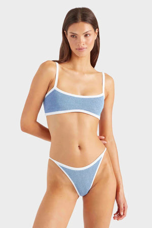 Tyler Bikini Cornflower by Hunza G, crinkle bikini with contrast trim and tanga briefs. Perfect for beach days or resort styling.
