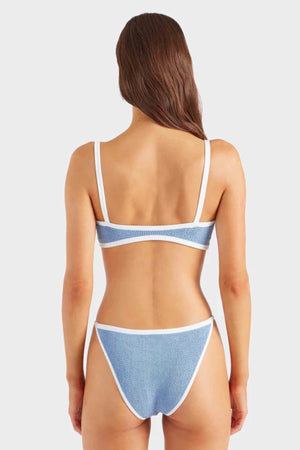 Tyler Bikini Cornflower by Hunza G, crinkle bikini with contrast trim and tanga briefs. Perfect for beach days or resort styling.