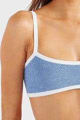 Tyler Bikini Cornflower by Hunza G, crinkle bikini with contrast trim and tanga briefs. Perfect for beach days or resort styling.