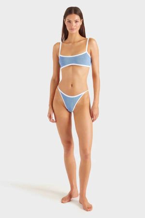 Tyler Bikini Cornflower by Hunza G, crinkle bikini with contrast trim and tanga briefs. Perfect for beach days or resort styling.