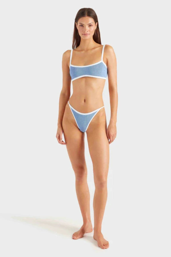 Tyler Bikini Cornflower by Hunza G, crinkle bikini with contrast trim and tanga briefs. Perfect for beach days or resort styling.