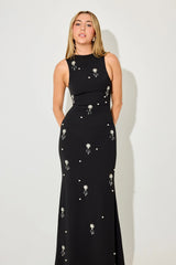 Ultimate Muse Crystal Maxi Dress by Odd Muse, black fitted gown with pearl and crystal accents. A refined, radiant look for evening events.