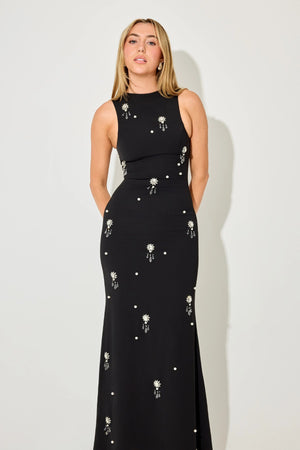 Ultimate Muse Crystal Maxi Dress by Odd Muse, black fitted gown with pearl and crystal accents. A refined, radiant look for evening events.