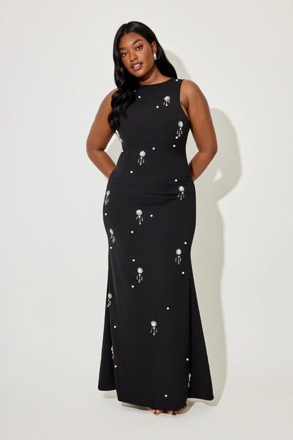 Ultimate Muse Crystal Maxi Dress by Odd Muse, black fitted gown with pearl and crystal accents. A refined, radiant look for evening events.