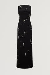 Ultimate Muse Crystal Maxi Dress by Odd Muse, black fitted gown with pearl and crystal accents. A refined, radiant look for evening events.