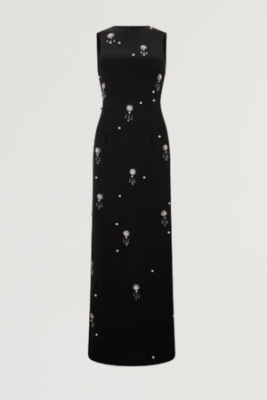 Ultimate Muse Crystal Maxi Dress by Odd Muse, black fitted gown with pearl and crystal accents. A refined, radiant look for evening events.