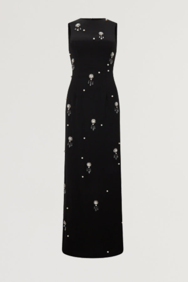 Ultimate Muse Crystal Maxi Dress by Odd Muse, black fitted gown with pearl and crystal accents. A refined, radiant look for evening events.
