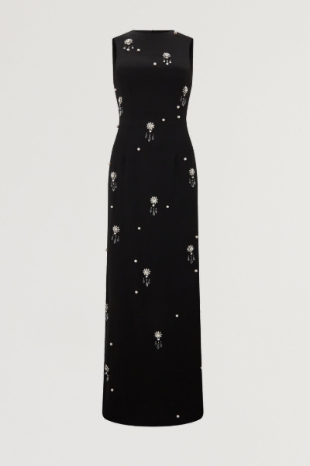 Ultimate Muse Crystal Maxi Dress by Odd Muse, black fitted gown with pearl and crystal accents. A refined, radiant look for evening events.