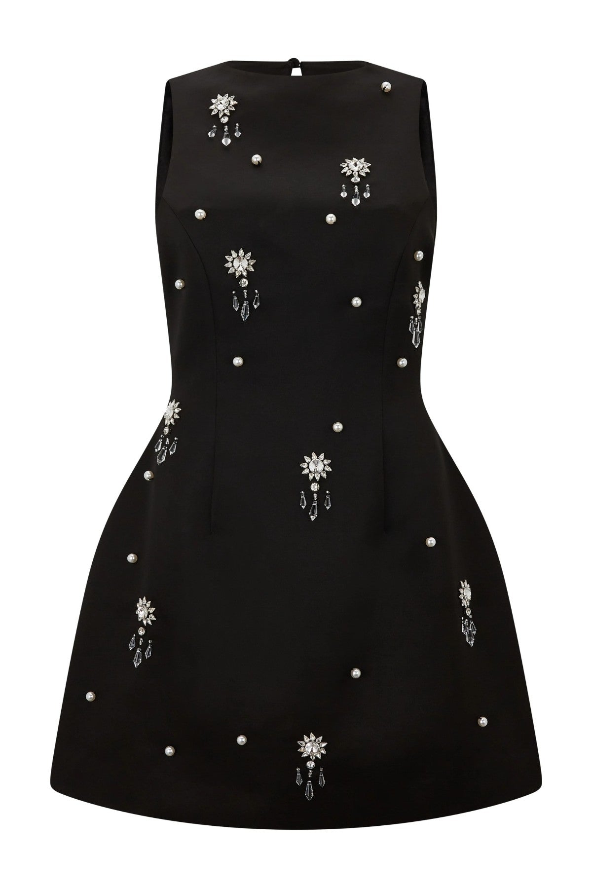 Ultimate Muse Crystal Mini Dress by Odd Muse, black satin mini adorned with crystals, open-back design for elegant party sparkle.
