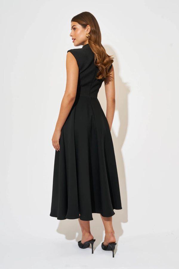 Ultimate Muse High Waist Sleeveless Midi Dress by Odd Muse — a black fitted midi with a signature V-waistline, perfect for elegant evenings.