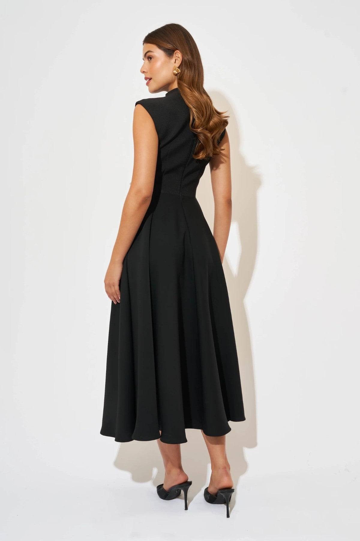 Ultimate Muse High Waist Sleeveless Midi Dress by Odd Muse — a black fitted midi with a signature V-waistline, perfect for elegant evenings.