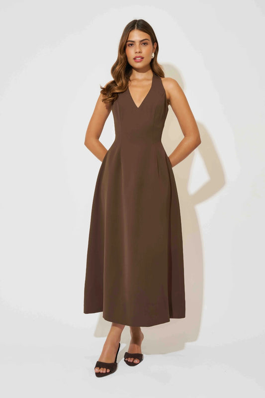 Ultimate Muse Volume Skirt Midi Dress by Odd Muse — a structured brown midi with a fitted bodice and voluminous skirt, perfect for fall styling.