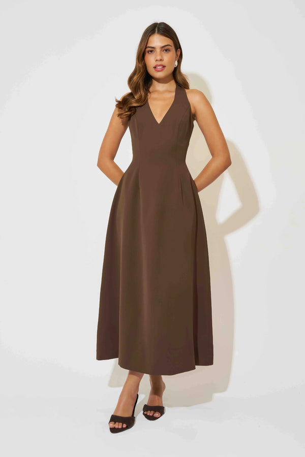 Ultimate Muse Volume Skirt Midi Dress by Odd Muse — a structured brown midi with a fitted bodice and voluminous skirt, perfect for fall styling.