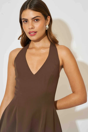 Ultimate Muse Volume Skirt Midi Dress by Odd Muse — a structured brown midi with a fitted bodice and voluminous skirt, perfect for fall styling.