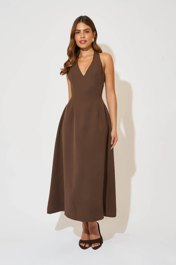 Ultimate Muse Volume Skirt Midi Dress by Odd Muse — a structured brown midi with a fitted bodice and voluminous skirt, perfect for fall styling.